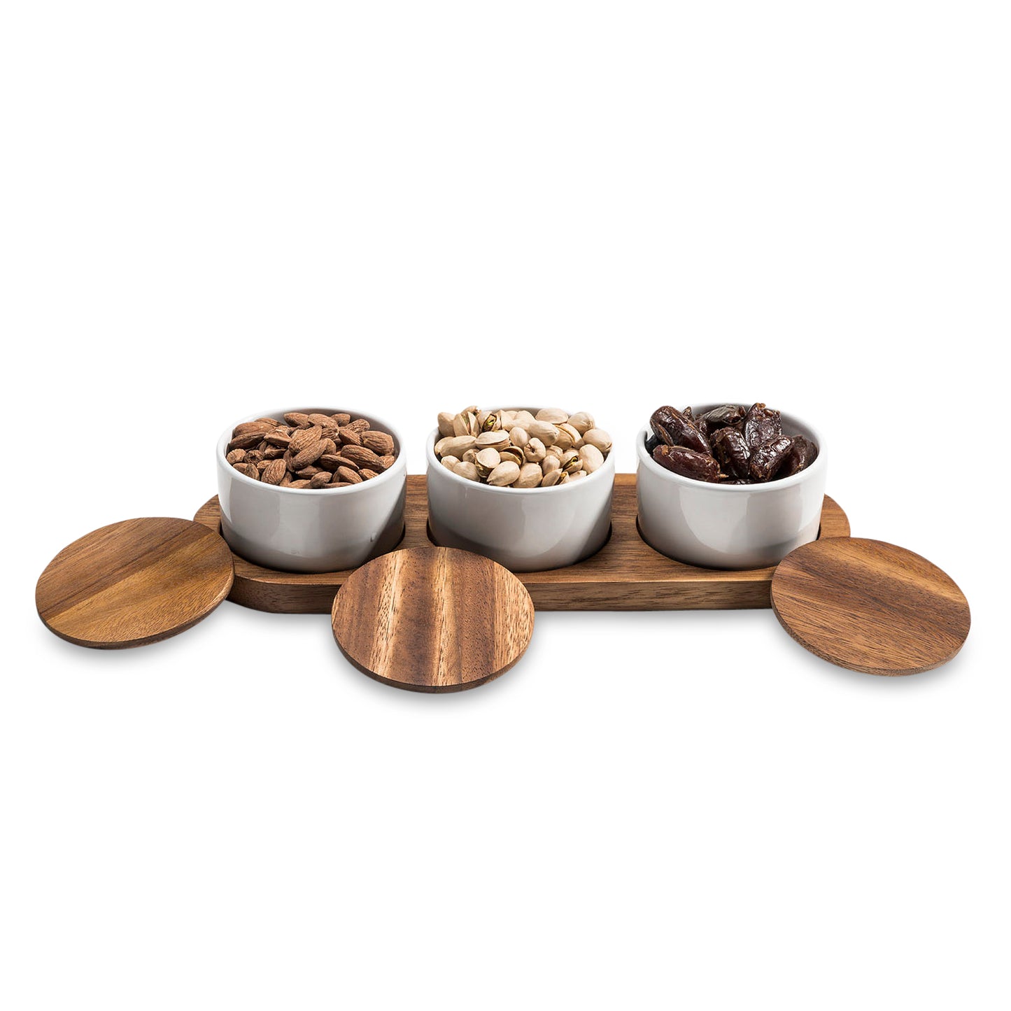 Condiment Serving Set 3 Ceramic Bowls with Lids 13" x 3.75"