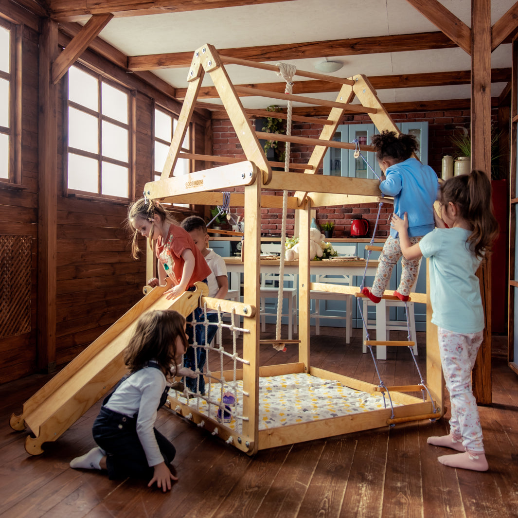 Indoor Wooden Playhouse with Swings and Slide Board