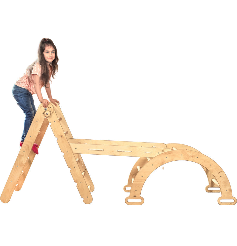 3in1 Montessori Climbing Frame Set: Triangle Ladder + Arch/Rocker Balance + Net – Beige