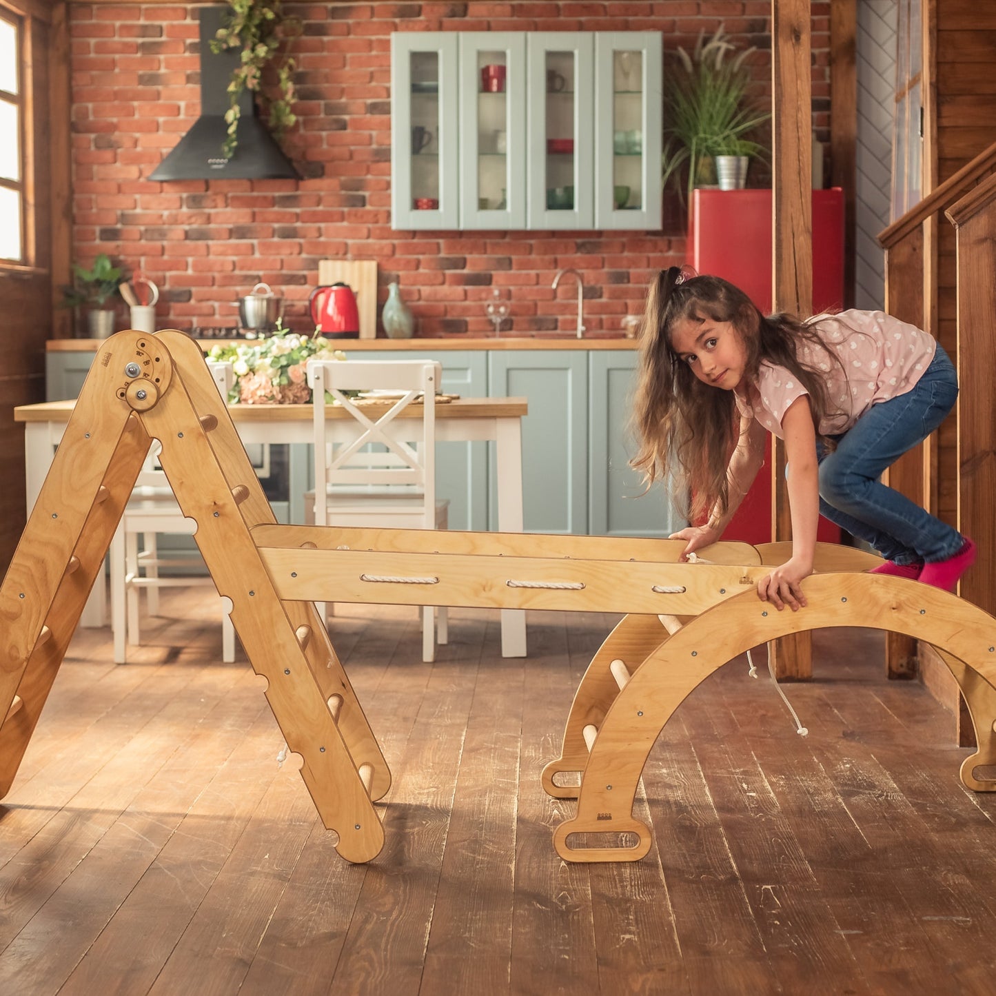 3in1 Montessori Climbing Frame Set: Triangle Ladder + Arch/Rocker Balance + Net – Beige