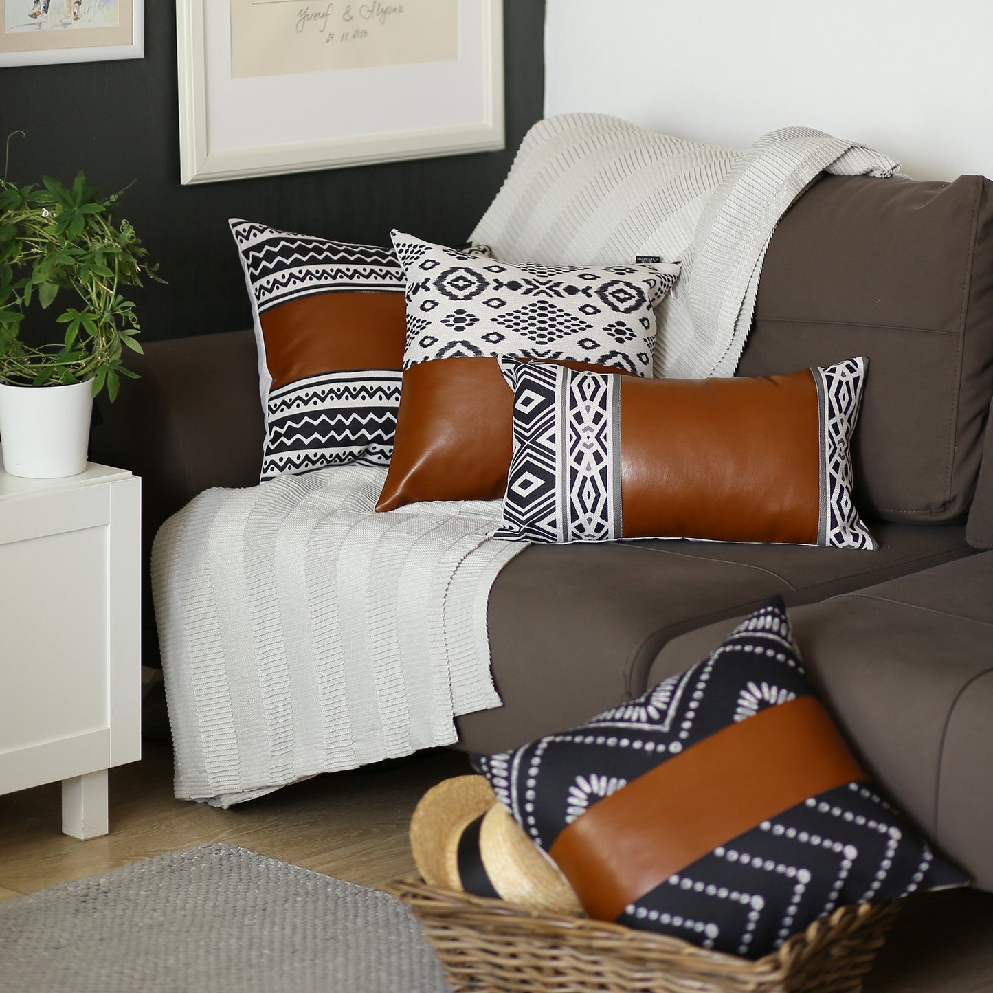 Bohemian Vegan Faux Leather Throw Pillow Covers