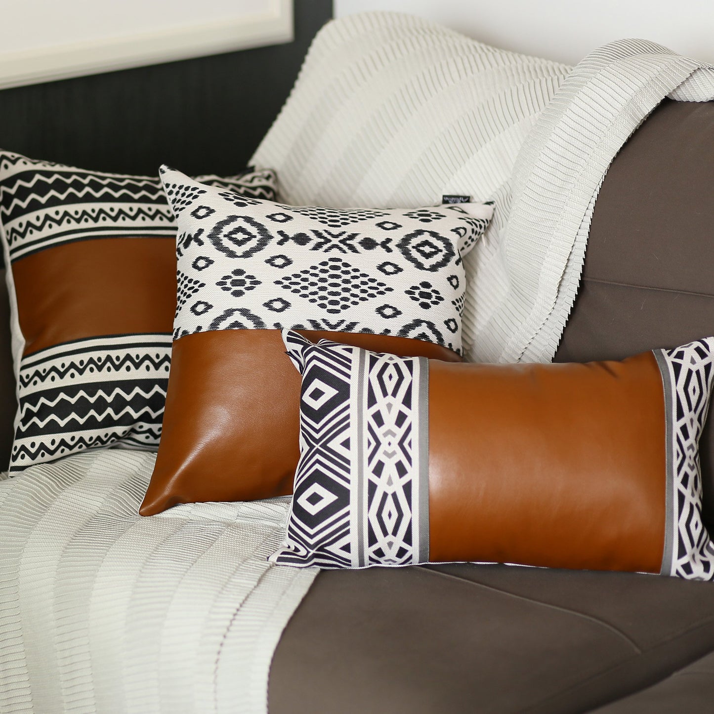Bohemian Vegan Faux Leather Throw Pillow Covers