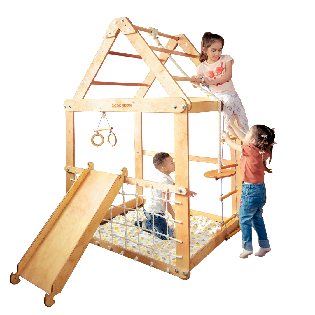 Indoor Wooden Playhouse with Swings and Slide Board